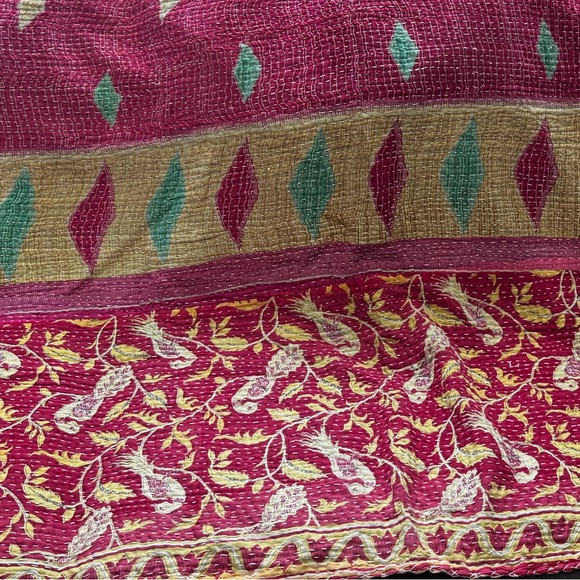 Kantha Birds geometric neutrals Vintage Throw/Quilt handmade India 85 x 55 appr - Picture 2 of 6